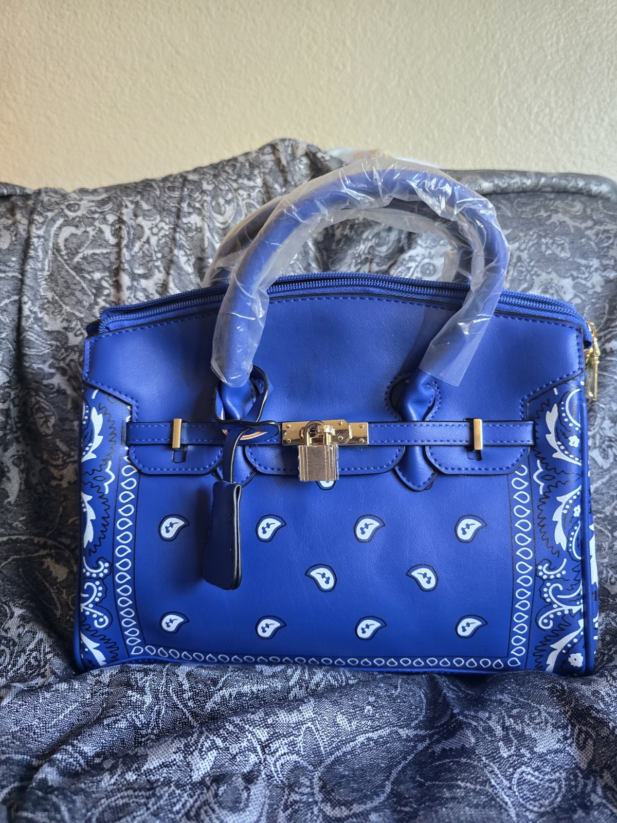Western Boho Royal Blue Bandana Pattern Structured Handbag Gold Lock Accent Top