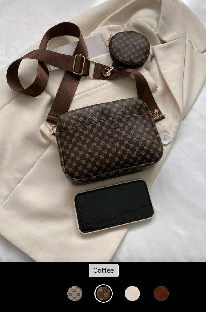 Coffee Brown Crossbody Bag Checkered, Adjustable Strap, Coin Purse