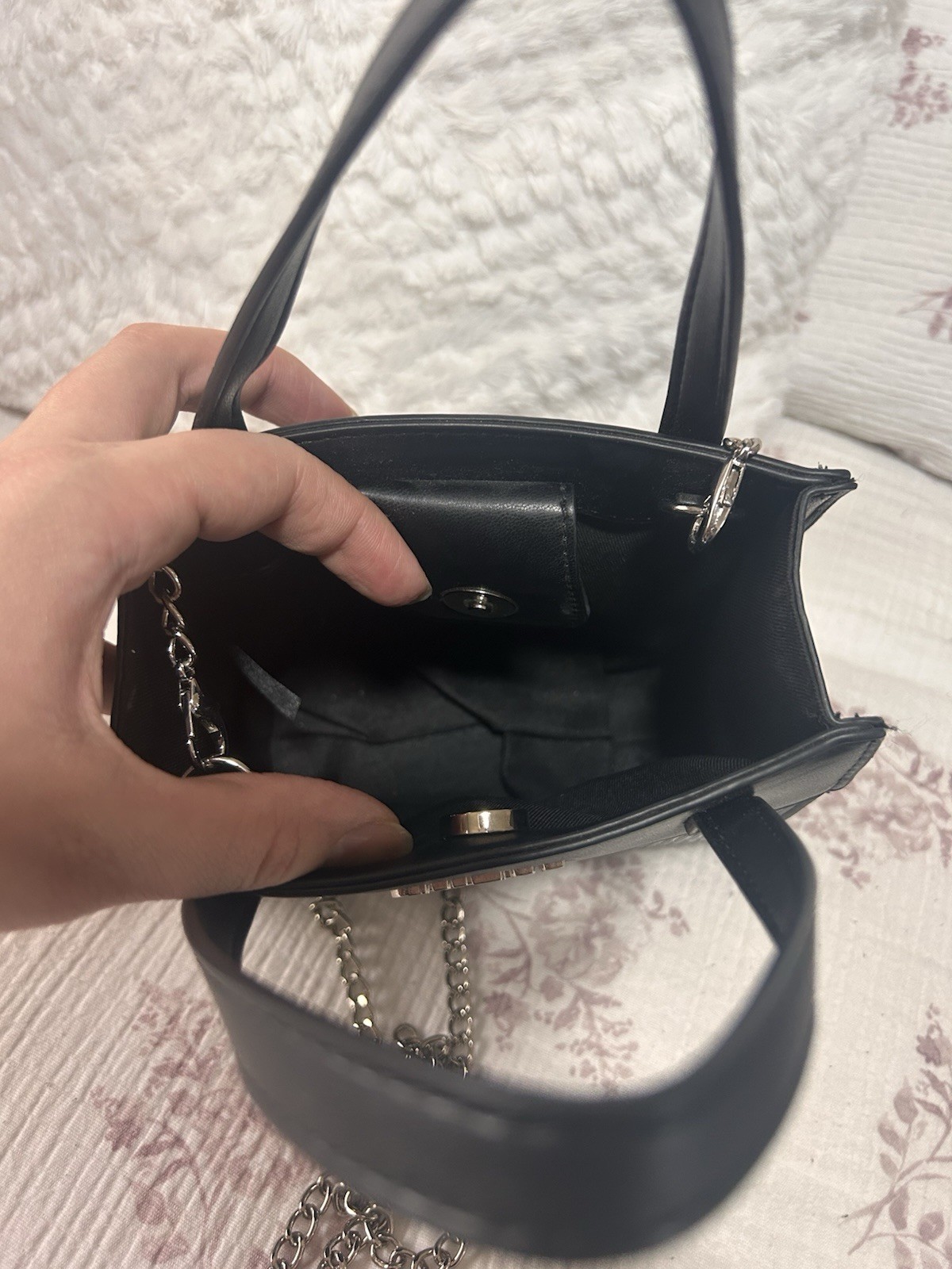 GUESS Black Mini Satchel Top Handle Bag Rhinestone Front Silver Chain Strap