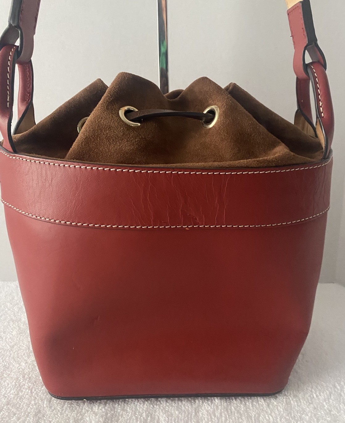 Dooney Bourke Suede Leather Shoulder Bucket Bag Drawstring Red