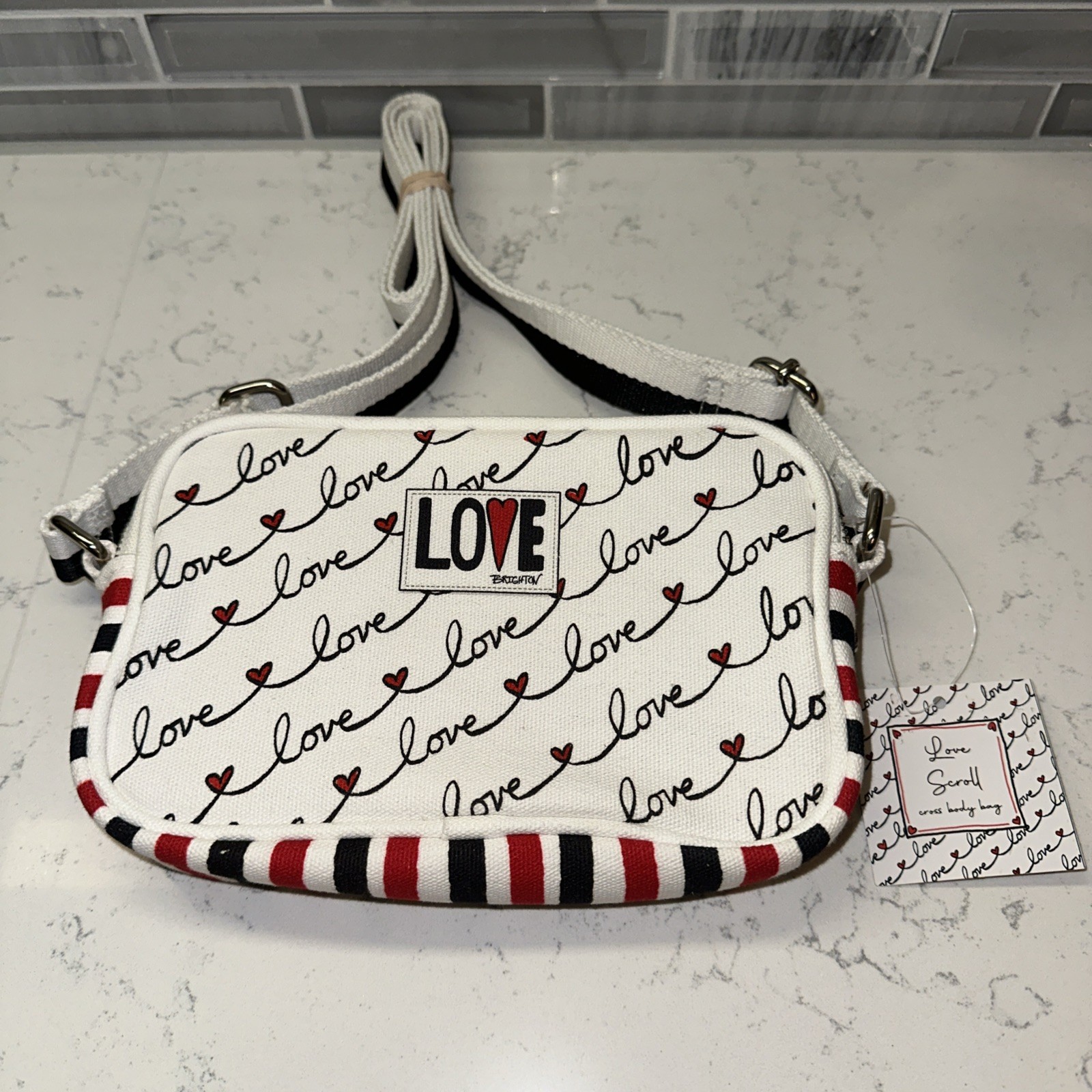 NEW Brighton LOVE SCROLL Canvas Love White/Black/Red Heart Dbl Zip Crossbody Bag