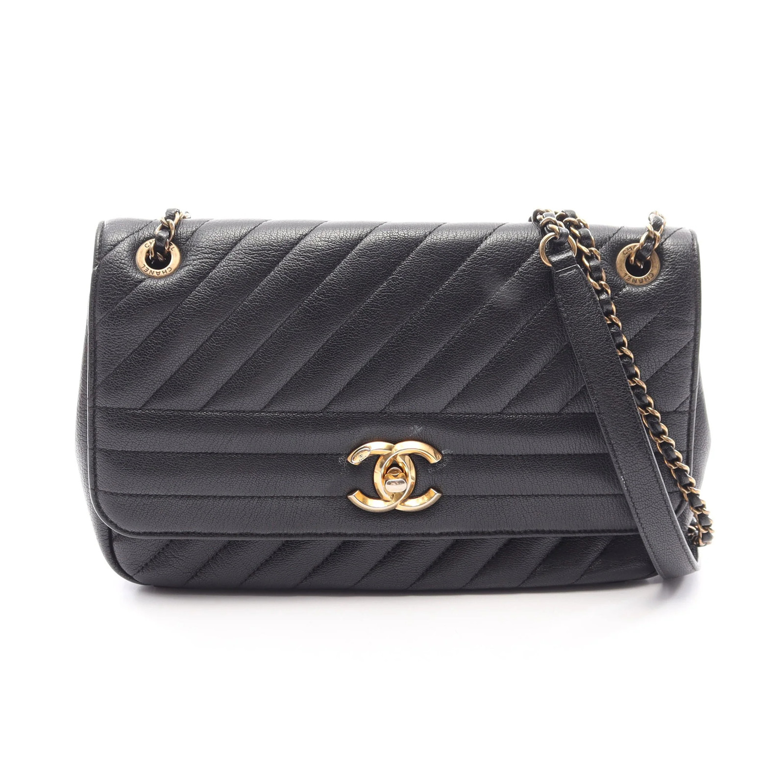 Chanel Chain Shoulder Coco Mark Shoulder Bag Black Leather #RCB7940