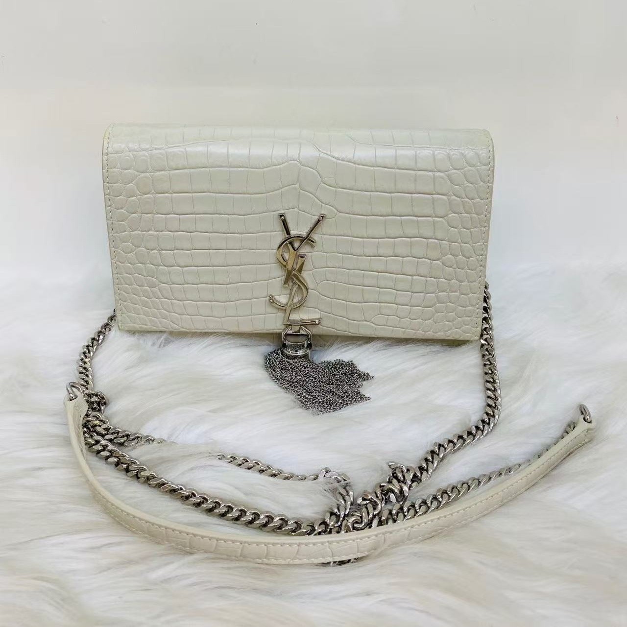 Yves Saint Laurent YSL Kate White Small Croc-Embossed Calfskin Tassel Crossbody