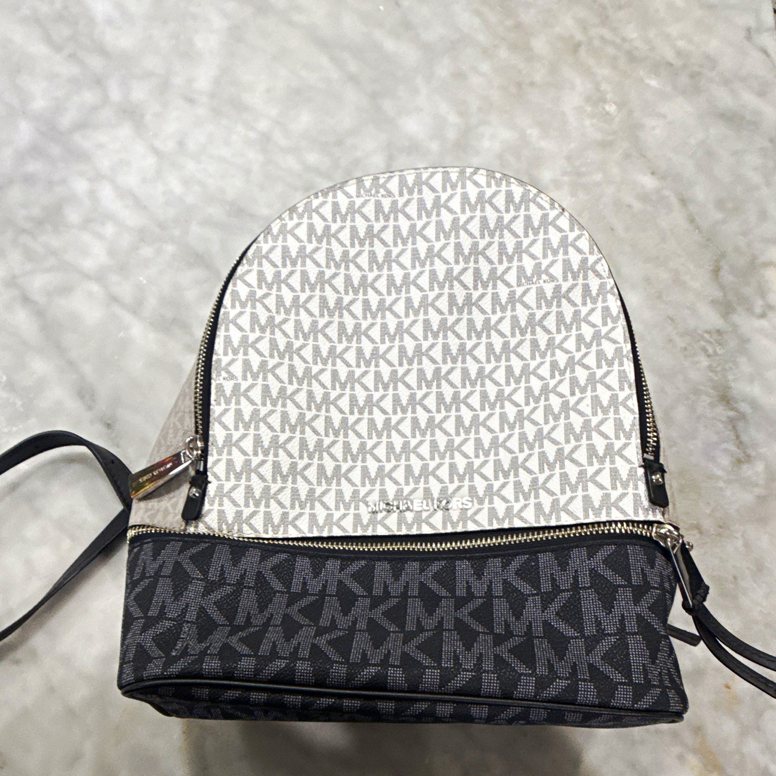 Michael Kors Logo Small Backpack Gray/Black Zip Top Silver Hardware Pockets