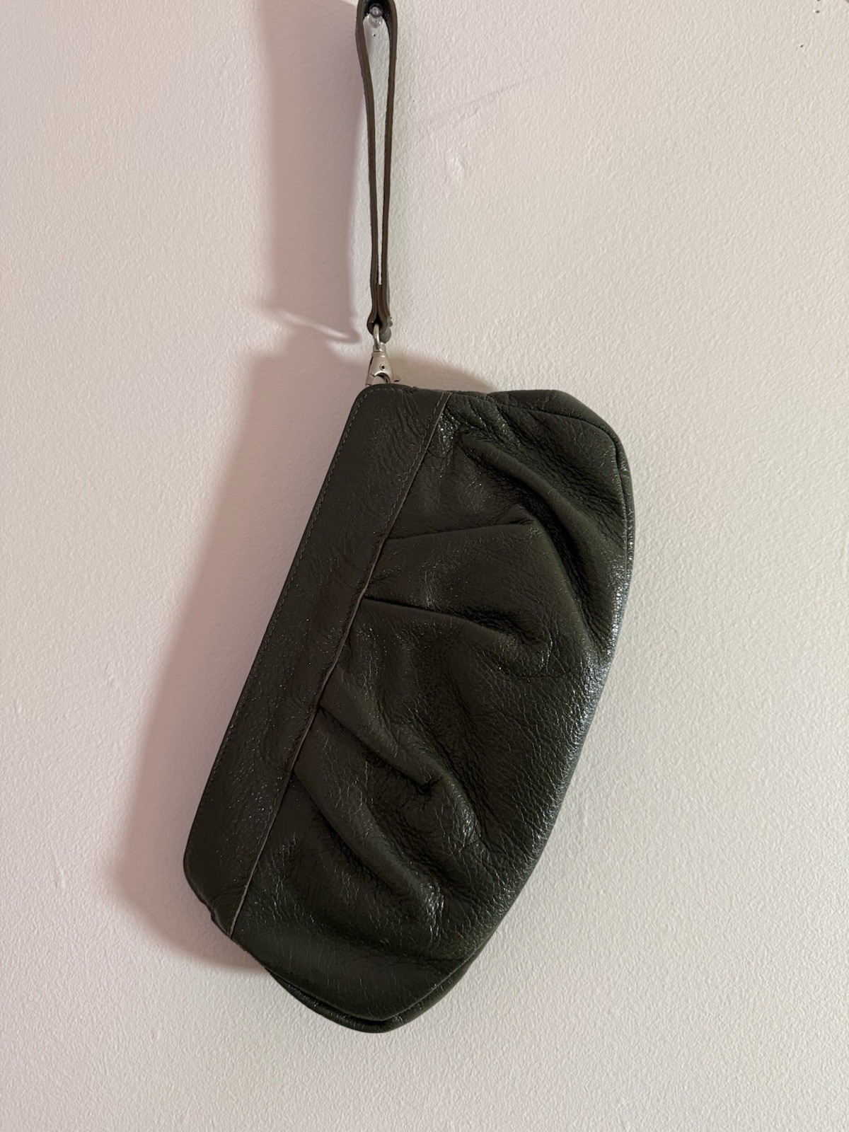 Designer Genuine Leather Clutch OliveGreen Gathered/Ruched Made in Italy