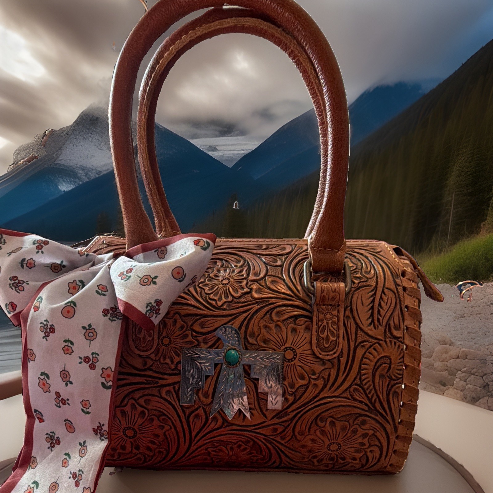 Tooled Floral Western Satchel Top Handle Zip Brown Detach Strap Thunderbird