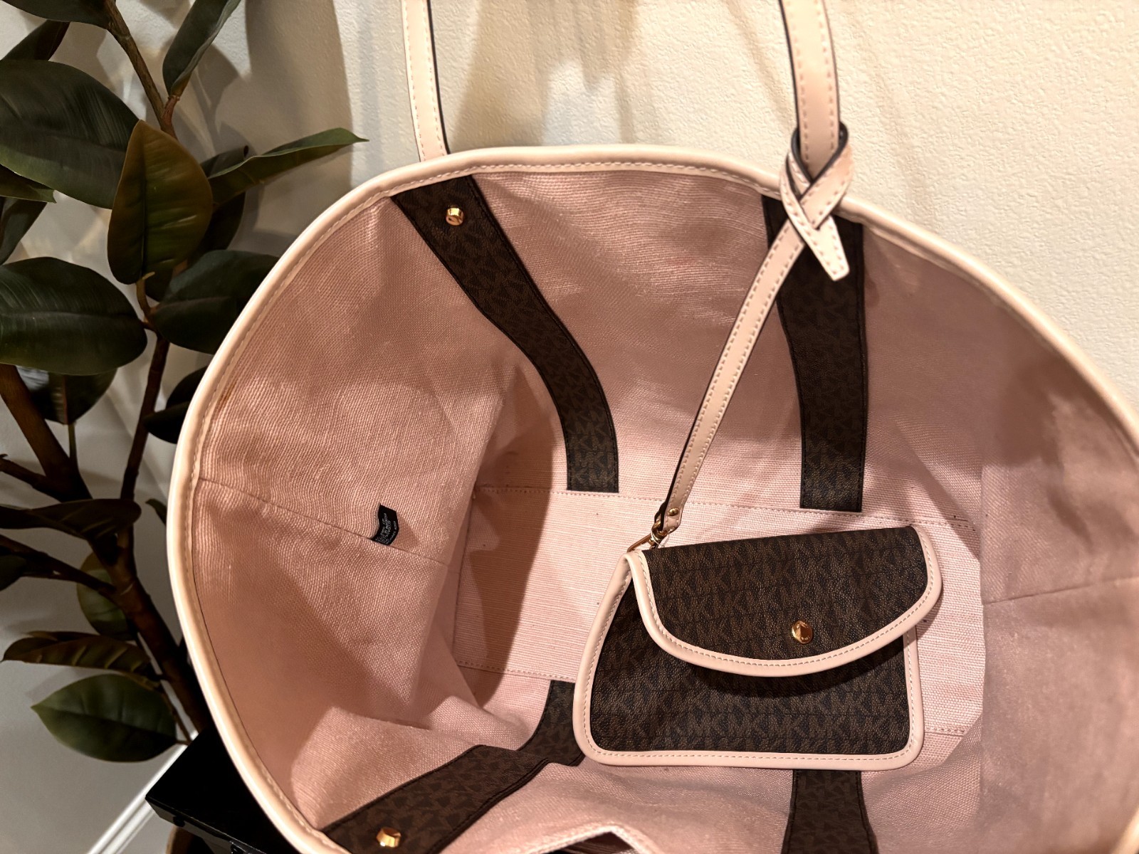 Michael Kors Large Monogram Striped Tote w/ Pouch & MK Charm Brown Pink