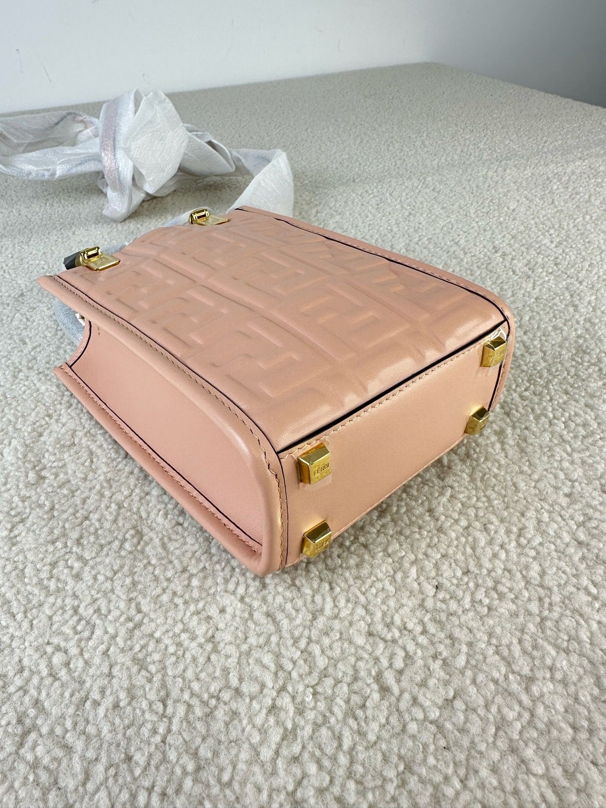 AUTH Fendi Sunshine Mini Pink FF Logo Leather Tortoise Handle Crossbody Tote Bag