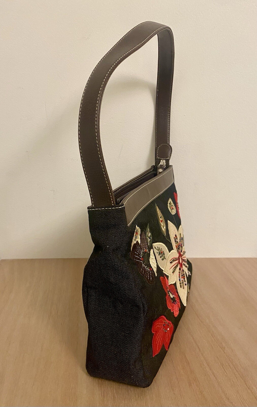 Preston & York Beaded Floral Purse Handbag Black With Brown Trim New With Tags