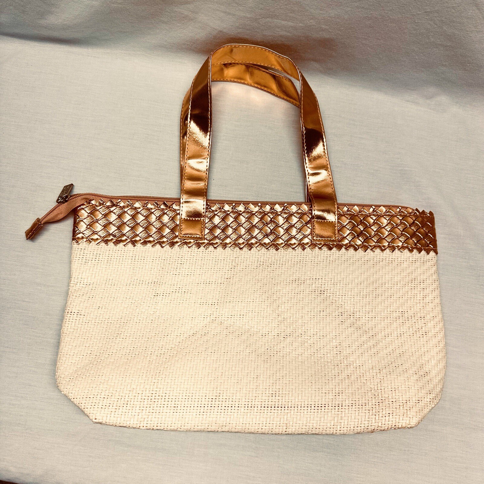 Handbag purse, white paper fiber exterior with metallic pink PVC trim