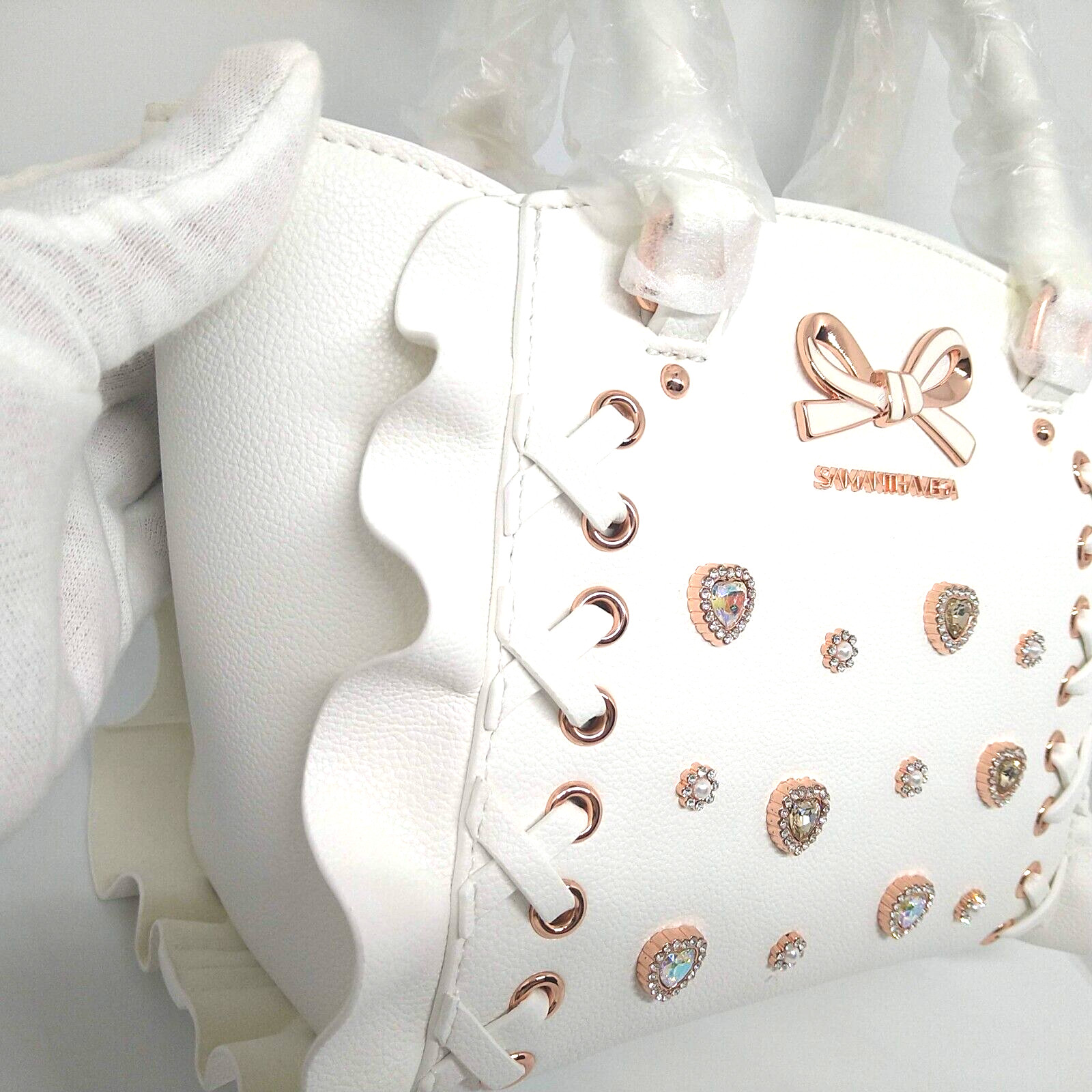 Samantha Vega 2WAY Shoulder Hand Bag Lace up Heart Bijou Mini white Japan New