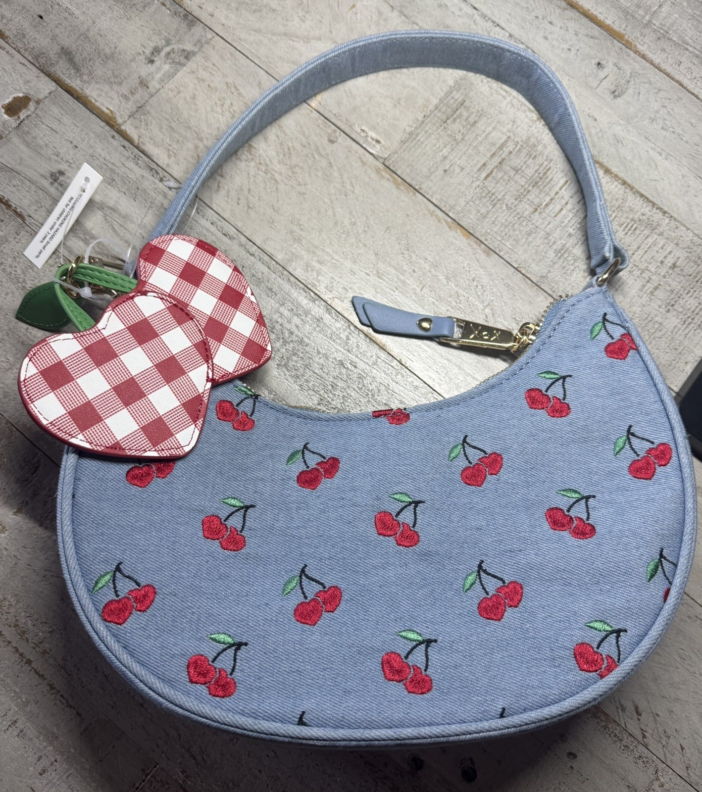 NWT Betsey Johnson Light Denim XONORTHY Cherry Shoulder Bag with Gold Hardware