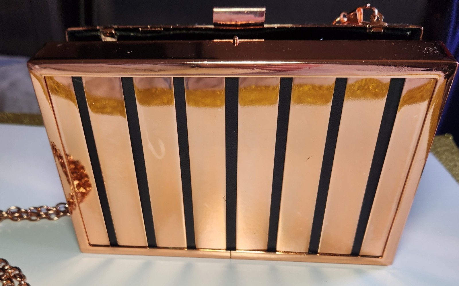JustFab Rose Gold Striped Box Clutch with Chain Strap for Women Party Formal Bag