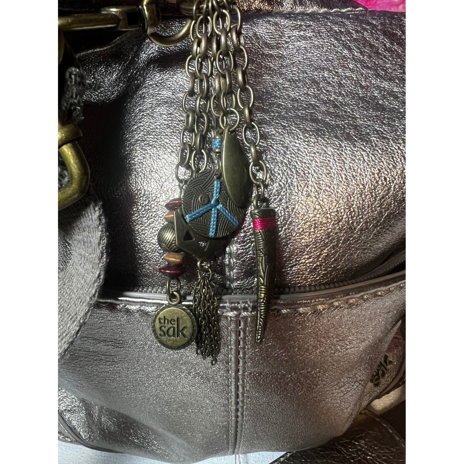 The Sak Metallic Pewter Leather Crossbody Bag Boho Charm Antiqued Brass Hardware