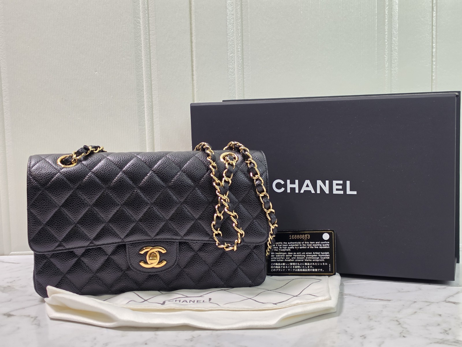 Authentic Chanel Classic Flap Medium Black Caviar Leather Bag 16 Series