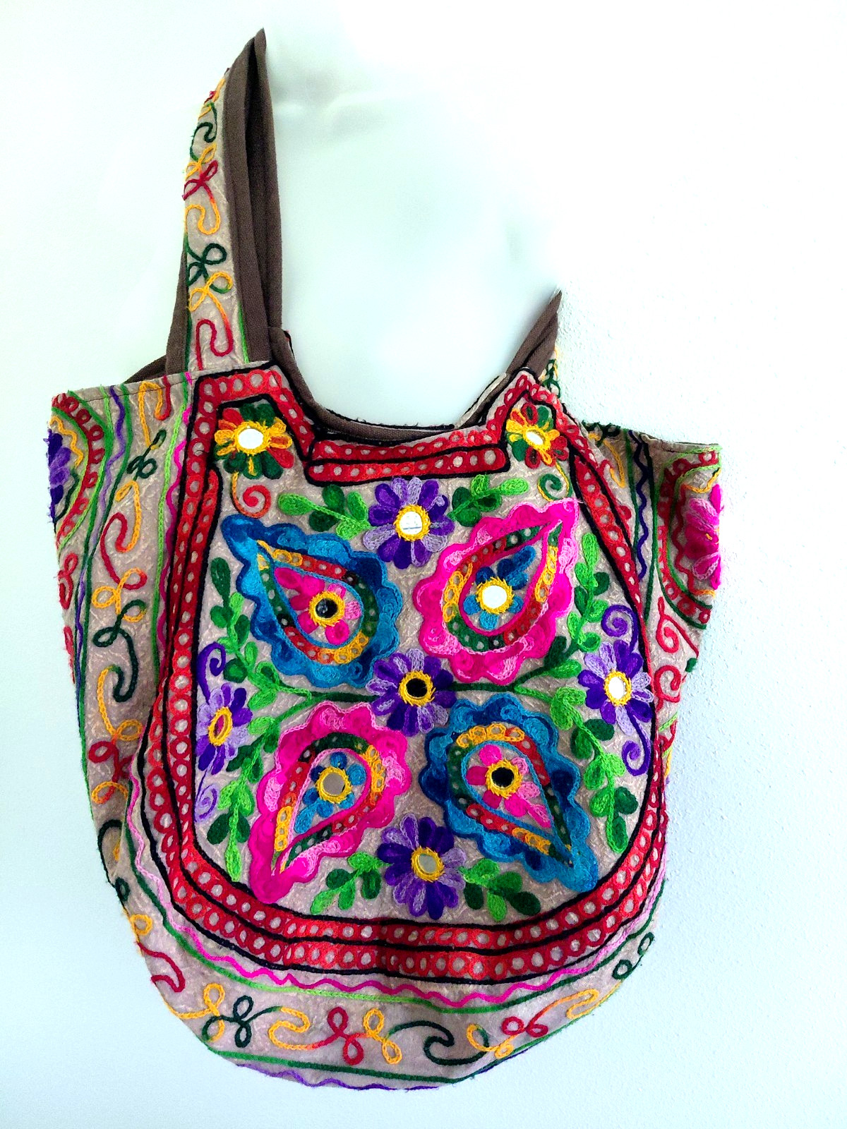 Tribe Azure Tote Bag Embroidered Mirror Colorful Tribal Shoulder Book Bag Boho