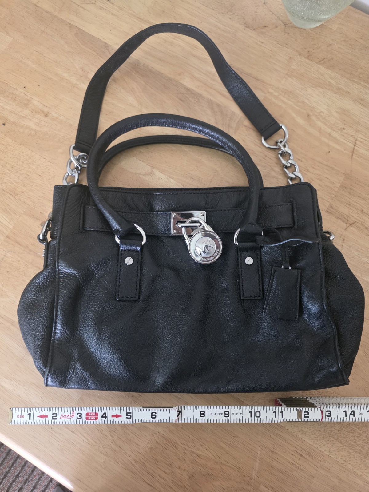 Michael Kors Black Satchel Top Handle Bag w/ Silver Lock, Chain Strap Leather