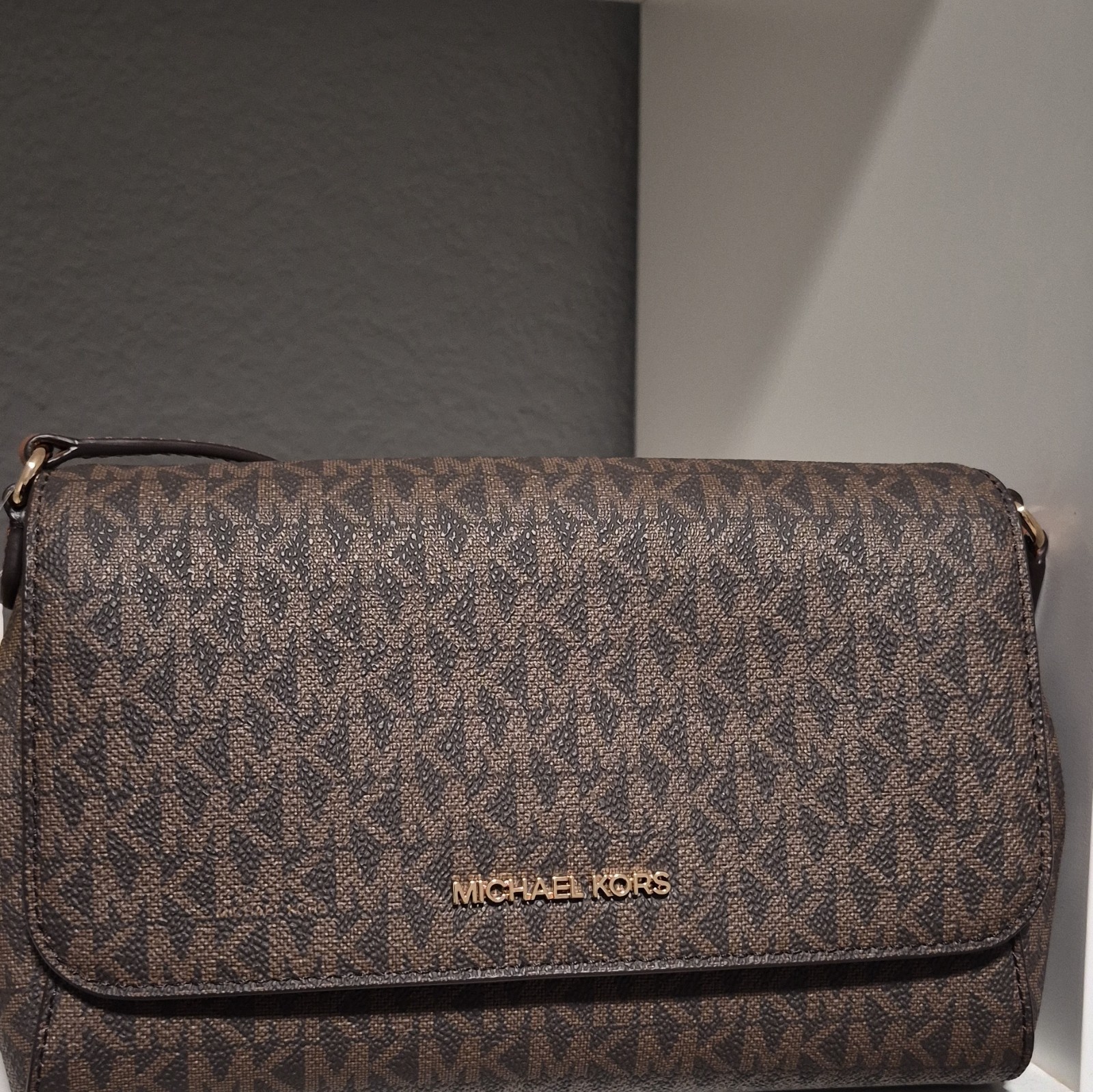 Michael Kors Jet Set Brown Logo Crossbody Bag Adjustable Strap Gold Hardware