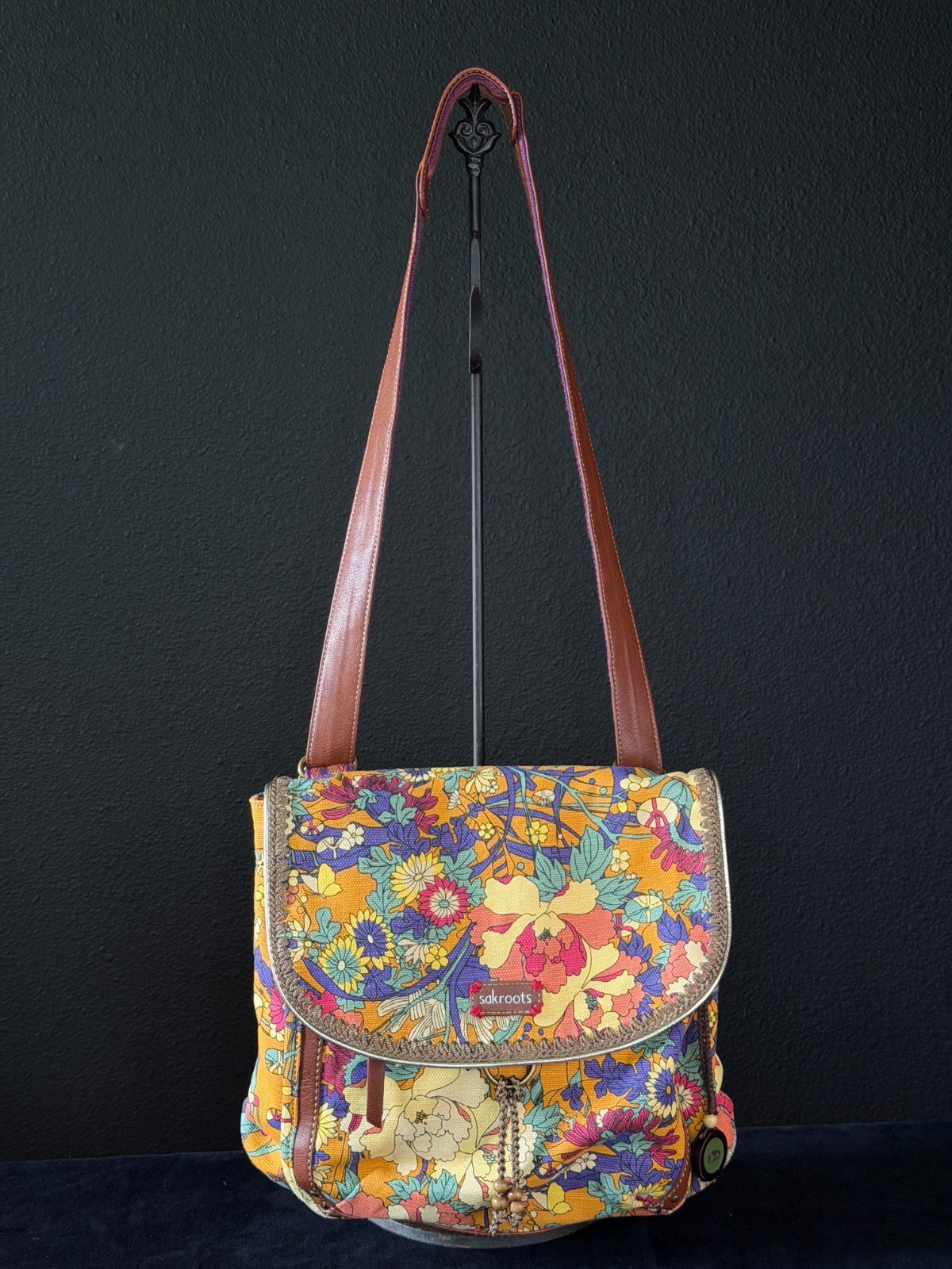 Colorful floral SAKROOTS backpack shoulder bag purse canvas leather yellow pink