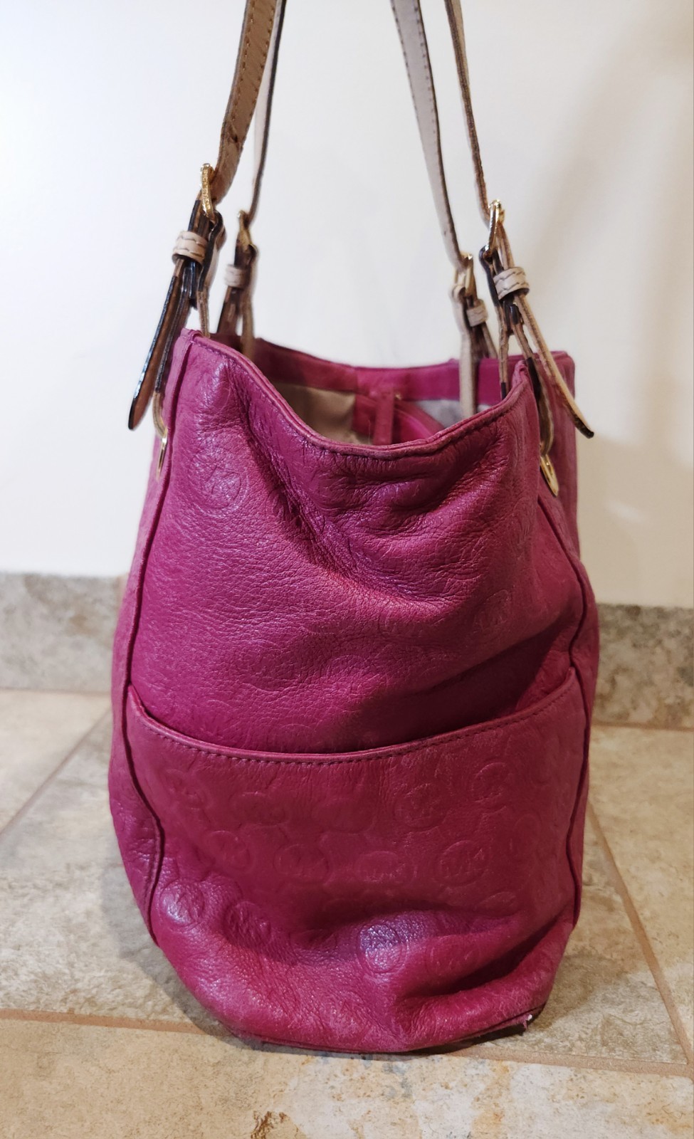 Michael Kors | Large Magenta Pink Leather MK Logo Tote Double Handle Travel Bag