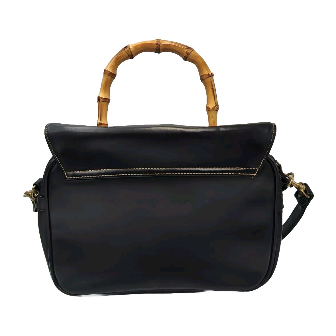 Faux Leather Purse w/ Bamboo Top Handle & Latch Detachable Shoulder Strap & Key