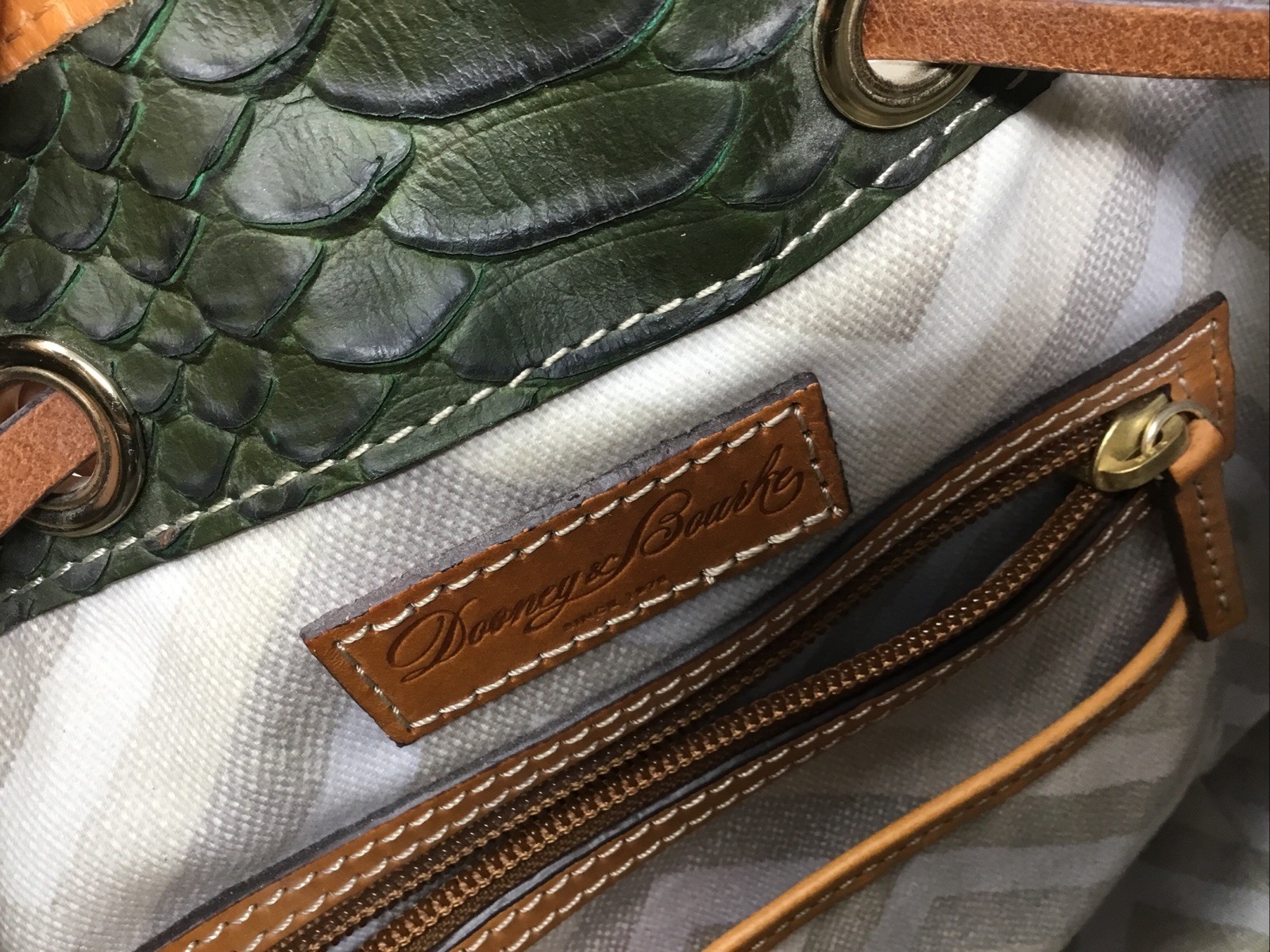 Dooney & Bourke Sydney Satchel Hunter Green & Brown Handbag Purse Python Scales