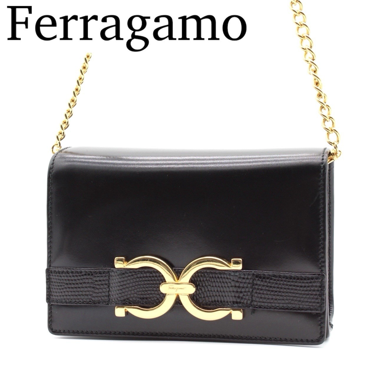 Salvatore Ferragamo AQ214732 Gancini Black Leather Chain Mini Shoulder Bag