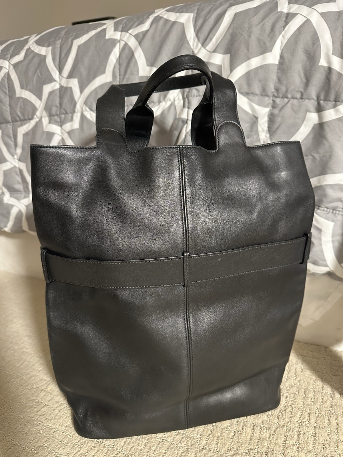 Sergio Rossi Black Tote Bag Buckle Accent Silver Hardware Bottom Studs
