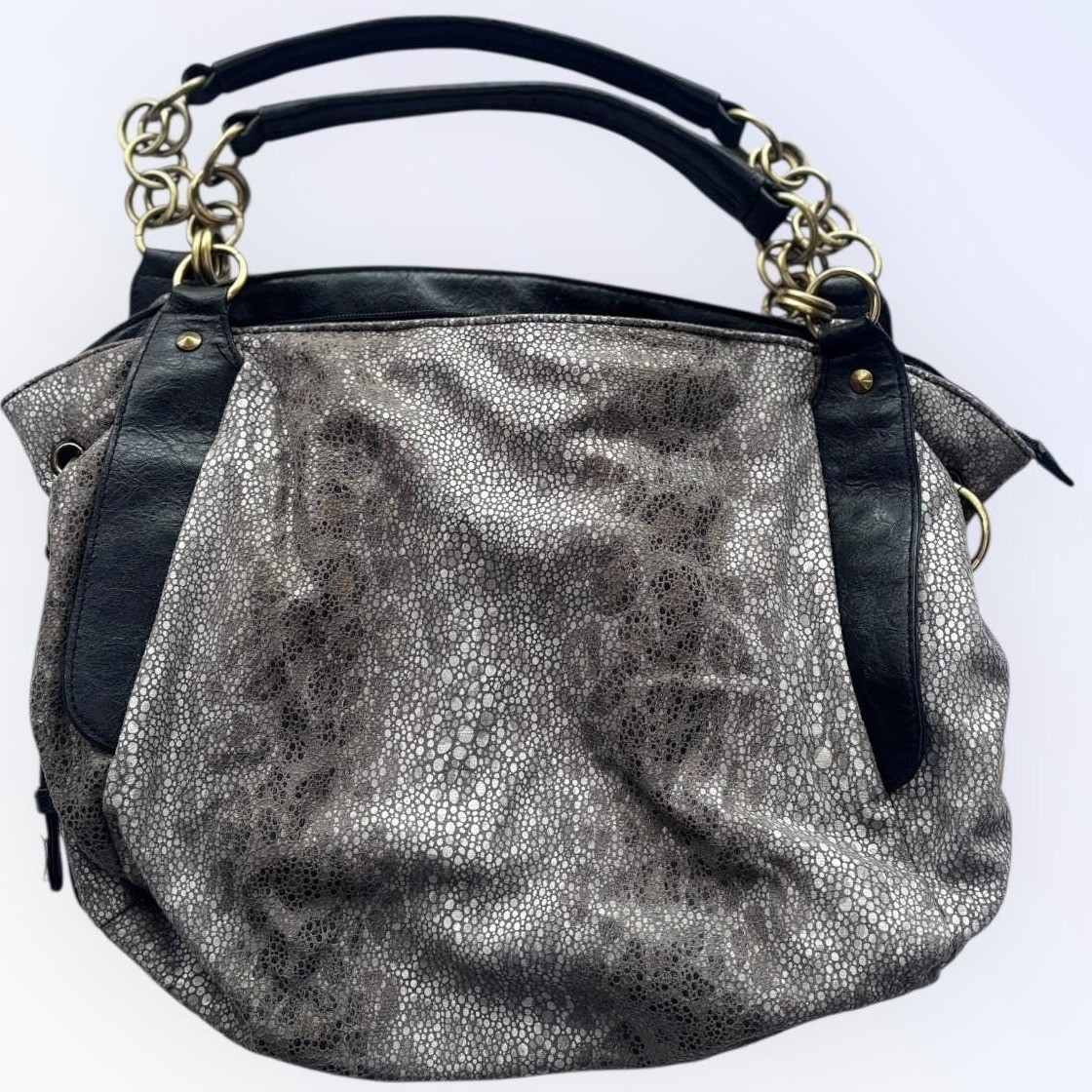Bueno Silver Metallic Pebbled Hobo Bag Black Trim Antique Brass Chain Straps