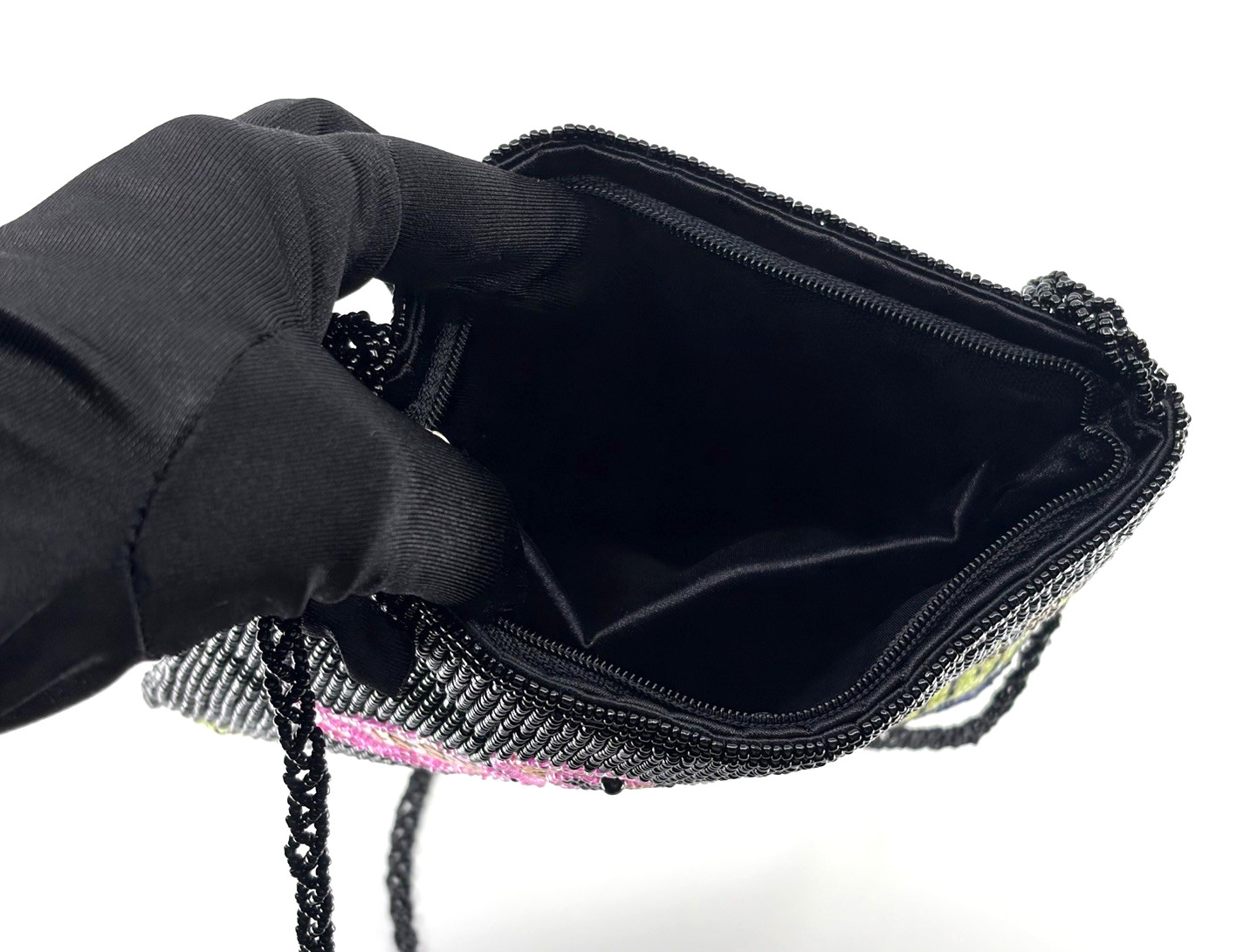 Tropical Black Beaded & Pink Sequin Flamingo Beachy Glam Crossbody Evening Bag