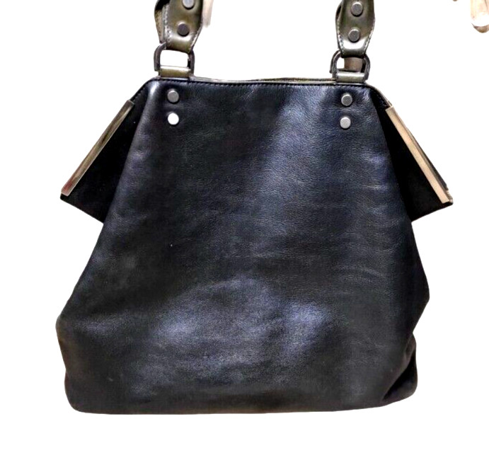 KENNETH COLE Soft BLACK GREEN LEATHER w SILVER Accent MOTO Tote Handbag Large