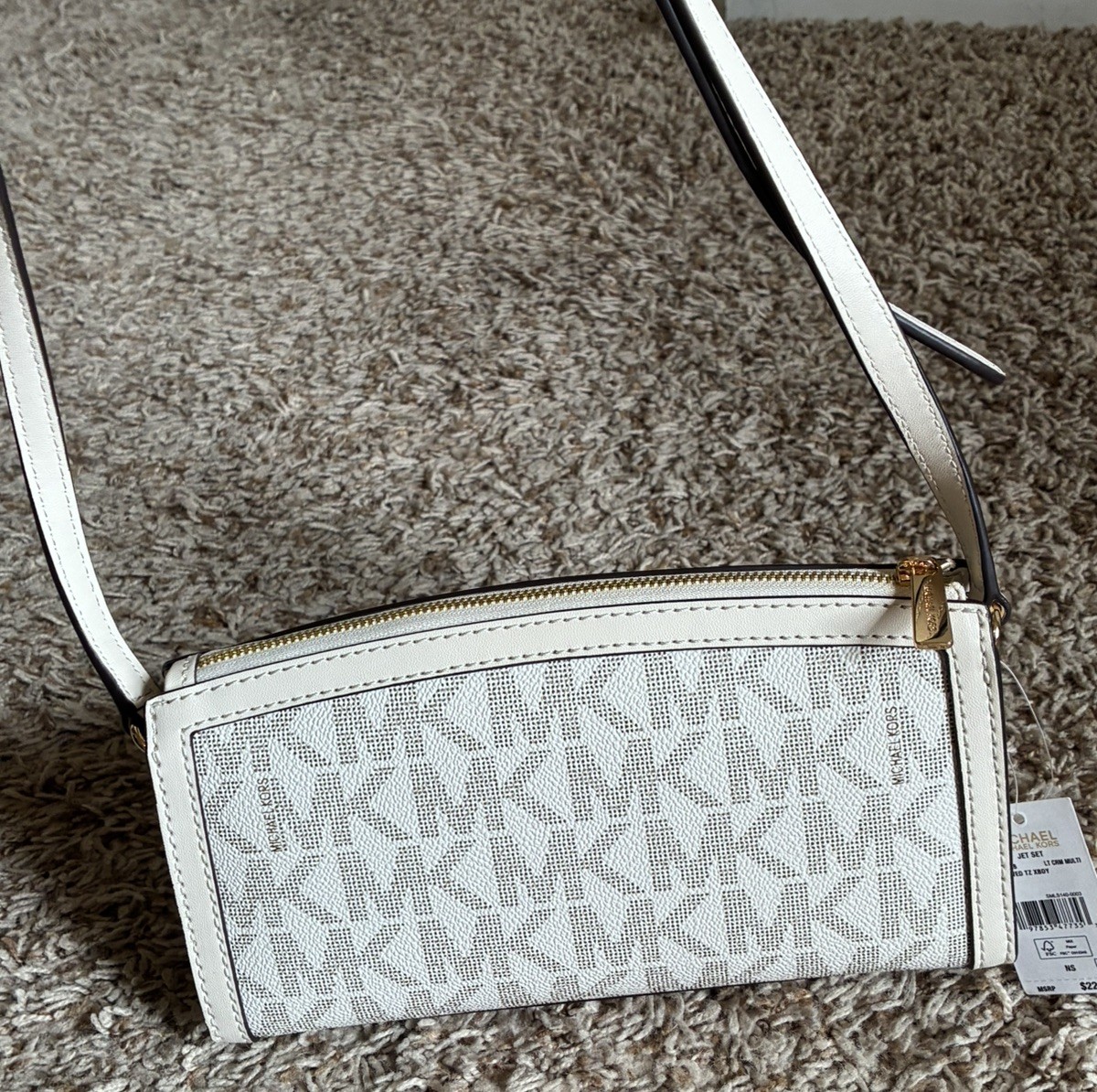 NEW Michael Kors Jet Set Cream Logo Medium Curved Signature Crossbody Bag NWT