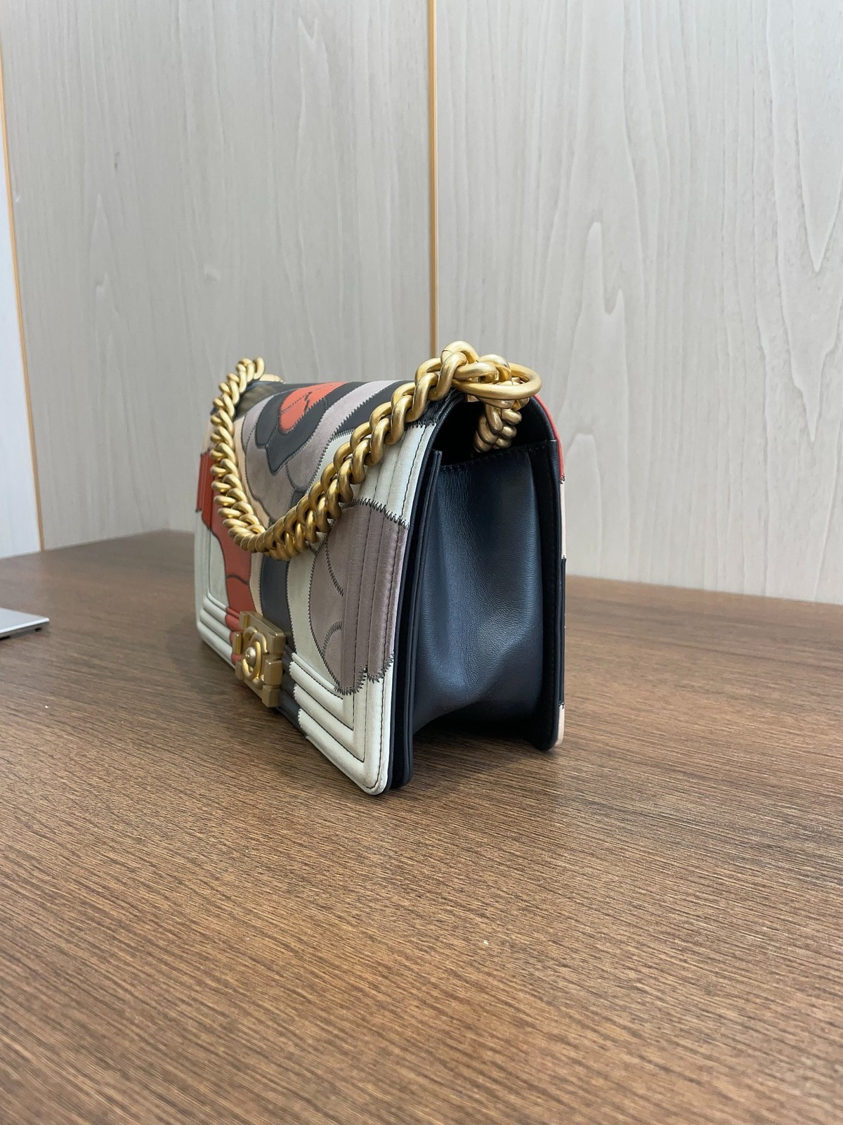 Chanel Le Boy Multicolor Camellia Patchwork Leather Flap Bag Gold-Tone Hardware