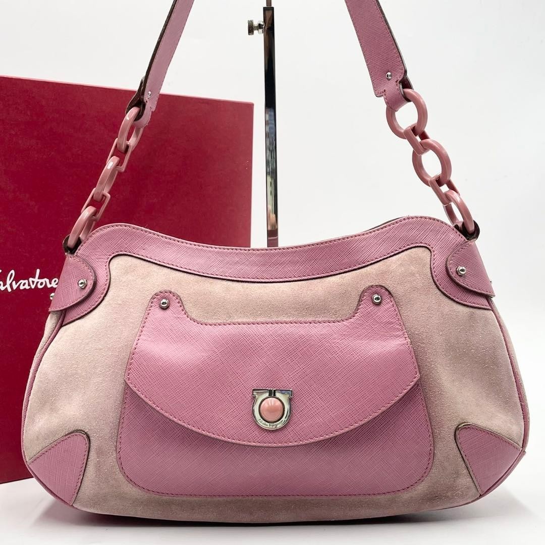 Salvatore Ferragamo Gancini One-Shoulder Bag, Pink Suede Leather, Women’s