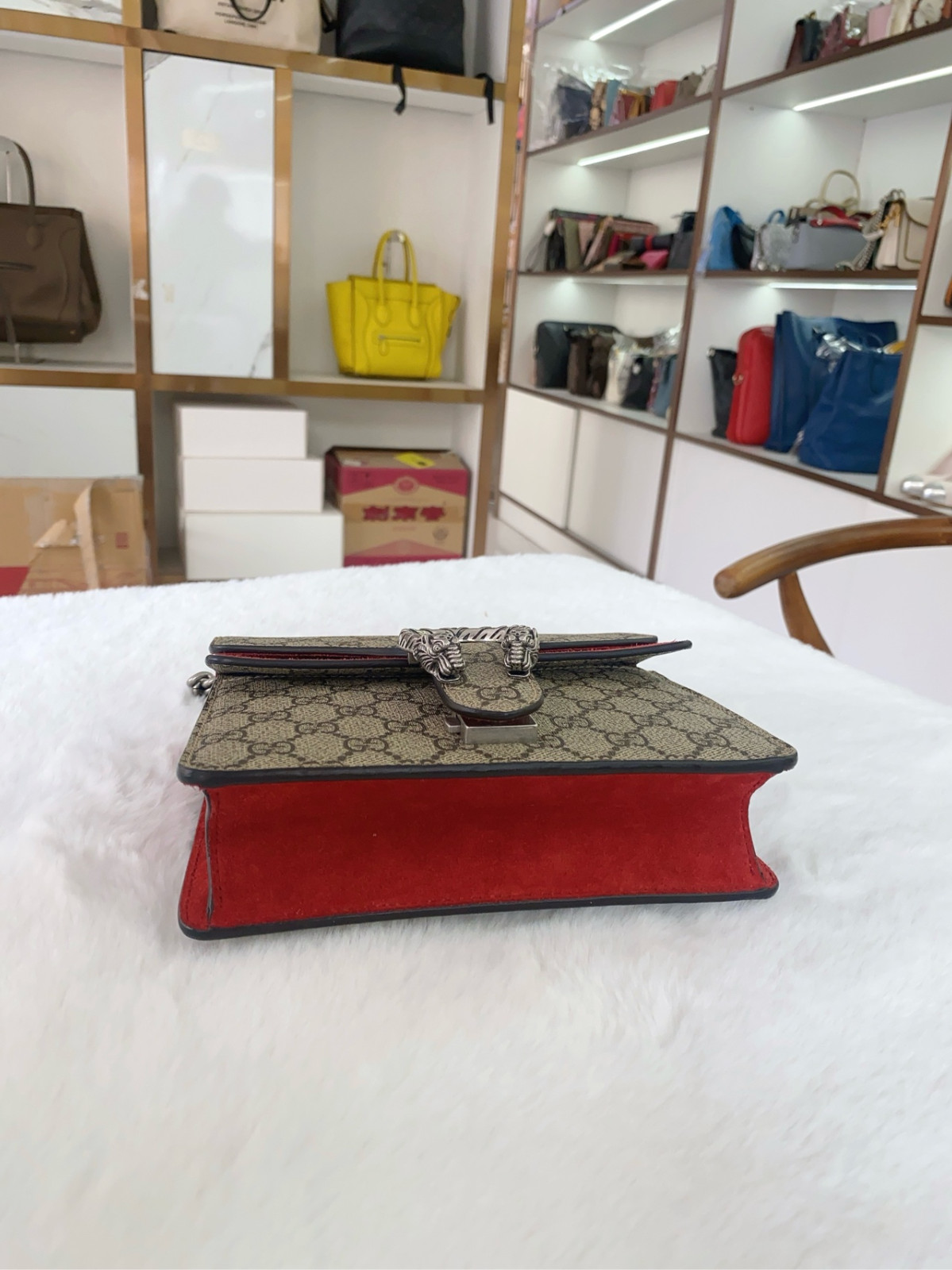 Authentic Gucci Dionysus Small Coated Canvas and Suede Shoulder Bag Beige/Red