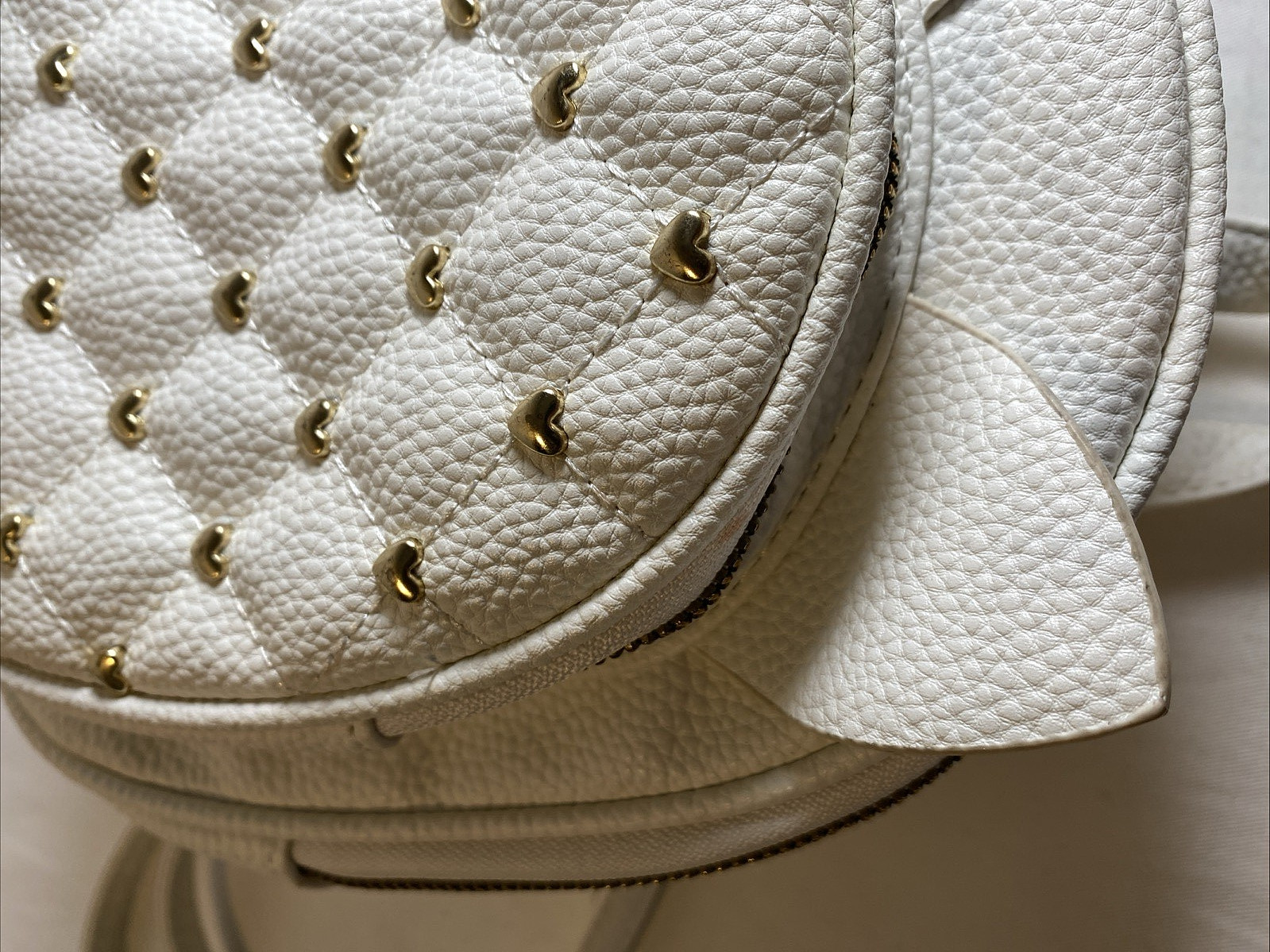 Under One Sky Mini Backpack White Cat Ears Gold Tone Hearts Faux Pebbled Leather