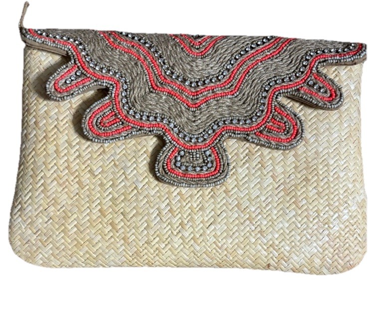 Tommy Bahama straw purse with orange and tan beads & rhinestones