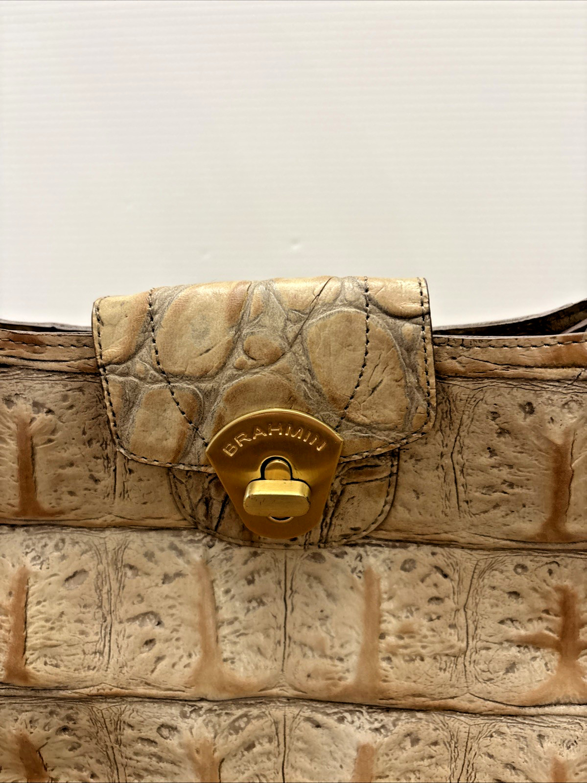 Brahmin Croc Embossed Leather Satchel Vintage Beige 17 Inch Long