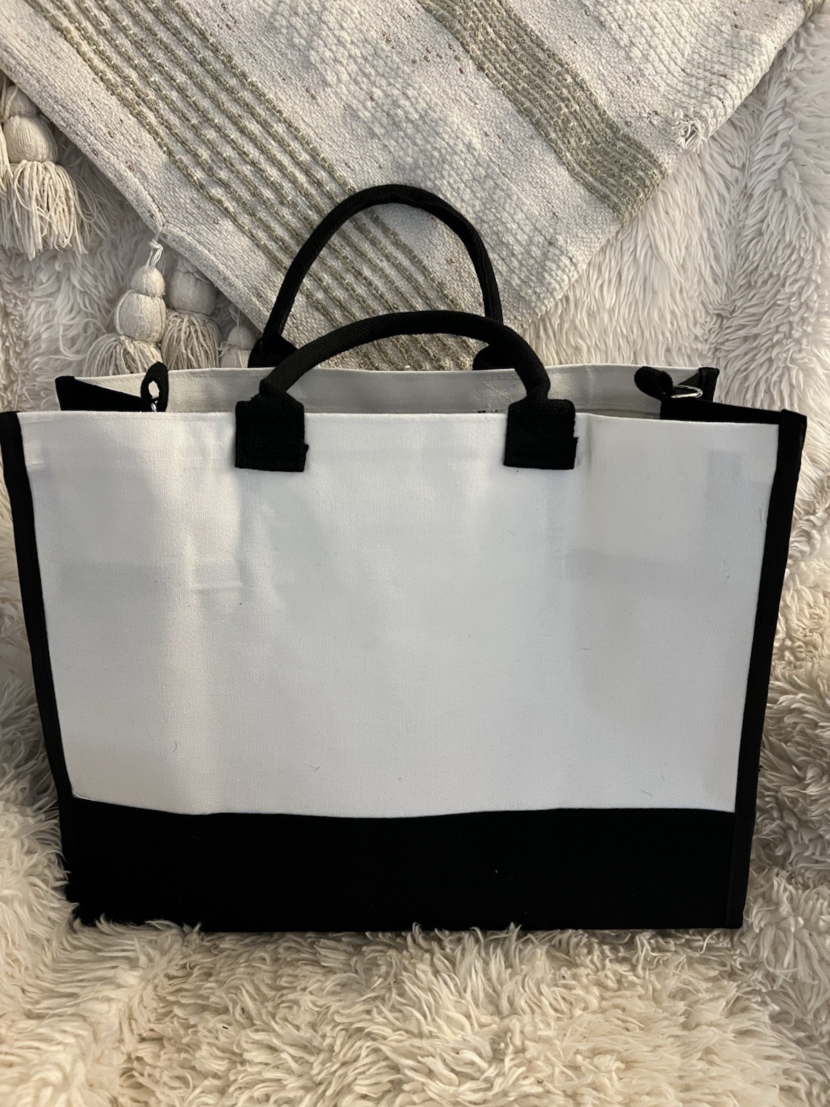 Monogram M Canvas Tote Bag With Black Handles & Accents Inside Pocket