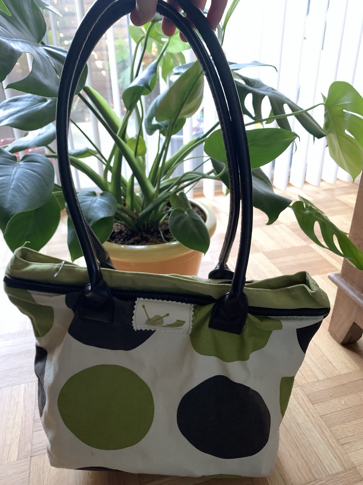 Knitting Bag Purse by Knitpickers, Green Polka Dot Brown ~ 13” X 13”