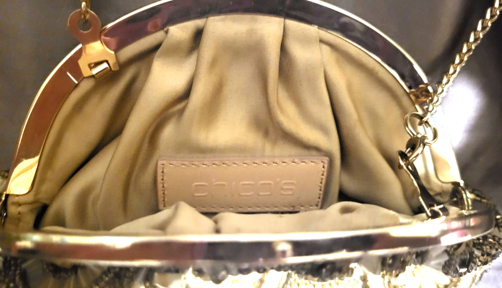 Chico’s Elegant Beaded Evening Bag Chain Strap Clutch Purse Wedding Cocktail