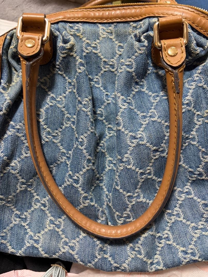 GUCCI Sookie Gg Denim Leather 2way Handbag Shoulder Bag Blue Brown Authentic