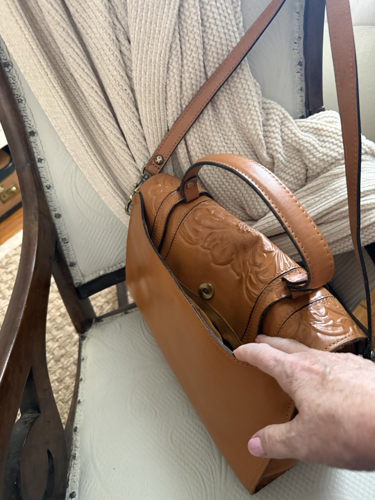 Patricia Nash stintino tooled cognac crossbody satchel / wallet.