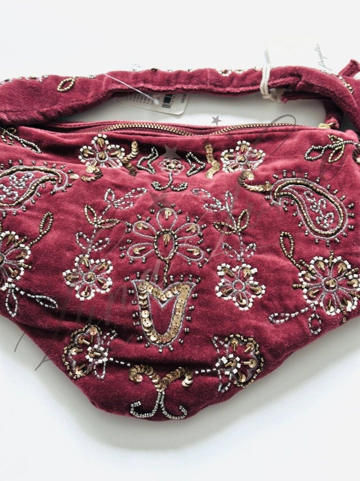 FREE PEOPLE Nashville Nights Beaded Sequin Velvet Shoulder Bag In Deep Red NWT