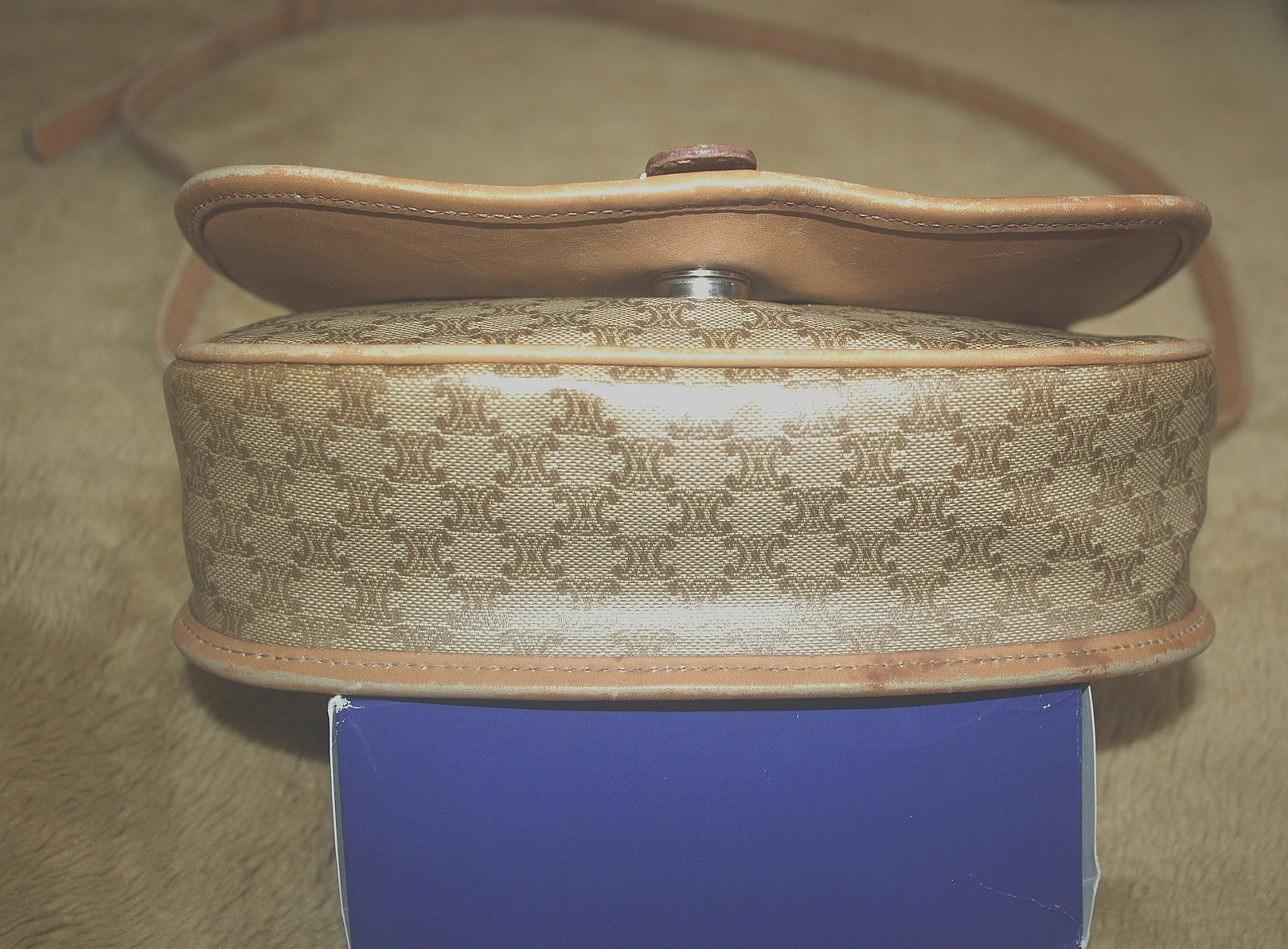 VTG Celine Italy Triomphe Macadam Crossbody Bag Tan Leather Beautiful Patina
