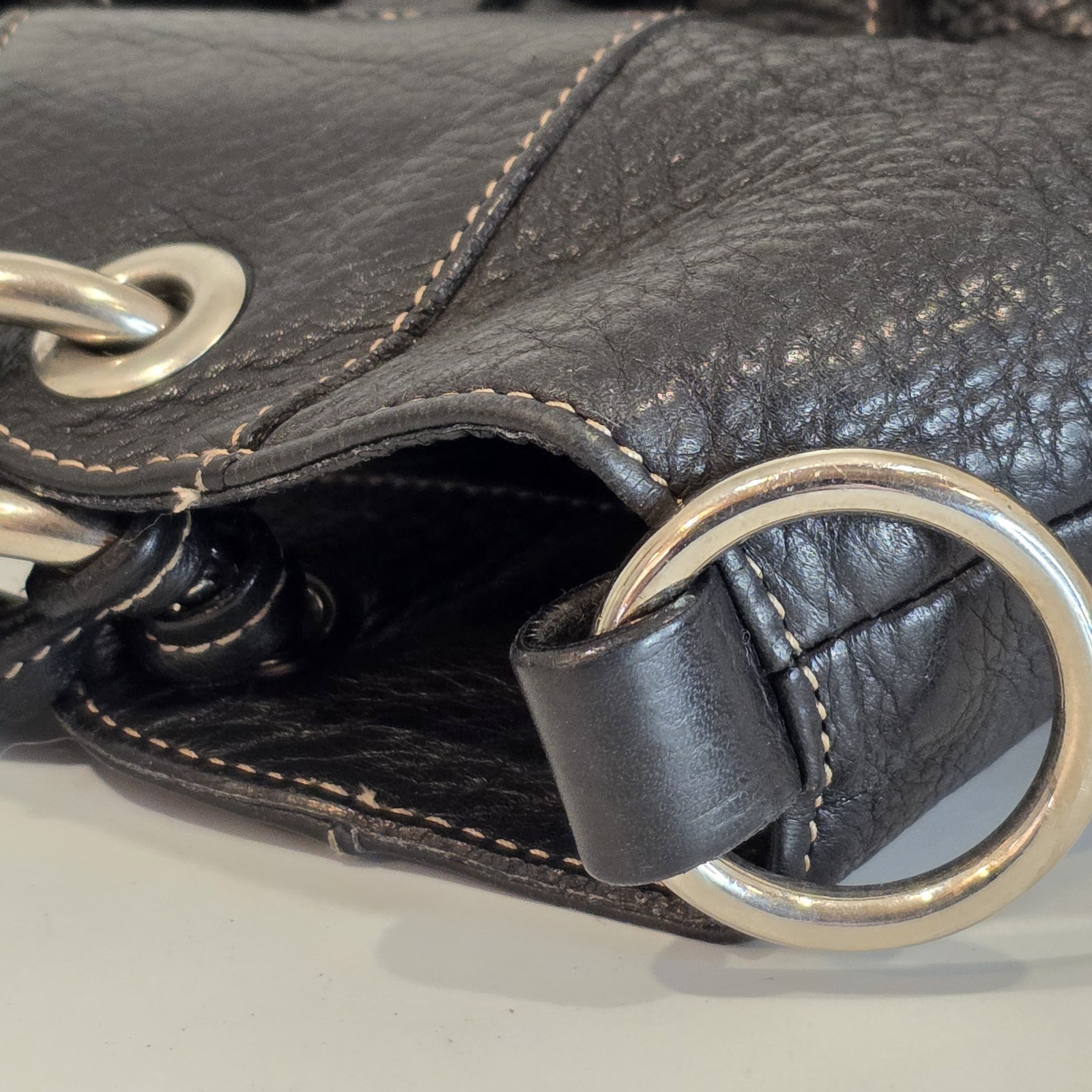 Furla Black Pebbled Leather Ruched Hobo Shoulder Bag Made in Italy Chain Accent
