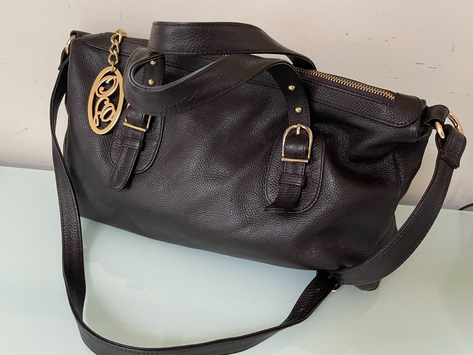 $650 Onna Ehrlich Derin Brown Pebbled Leather Handbag With Gold