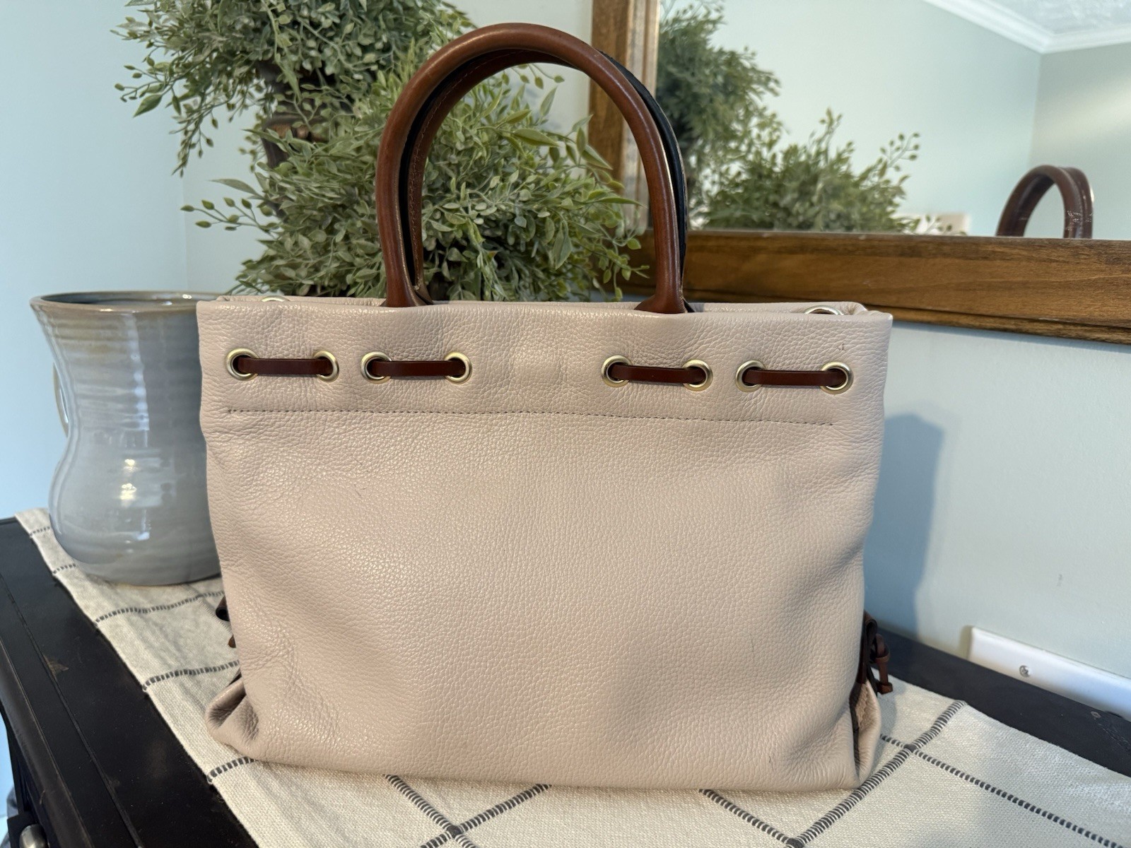 Dooney & Bourke Beige Pebbled Satchel Top Handle Tassel Detachable Strap