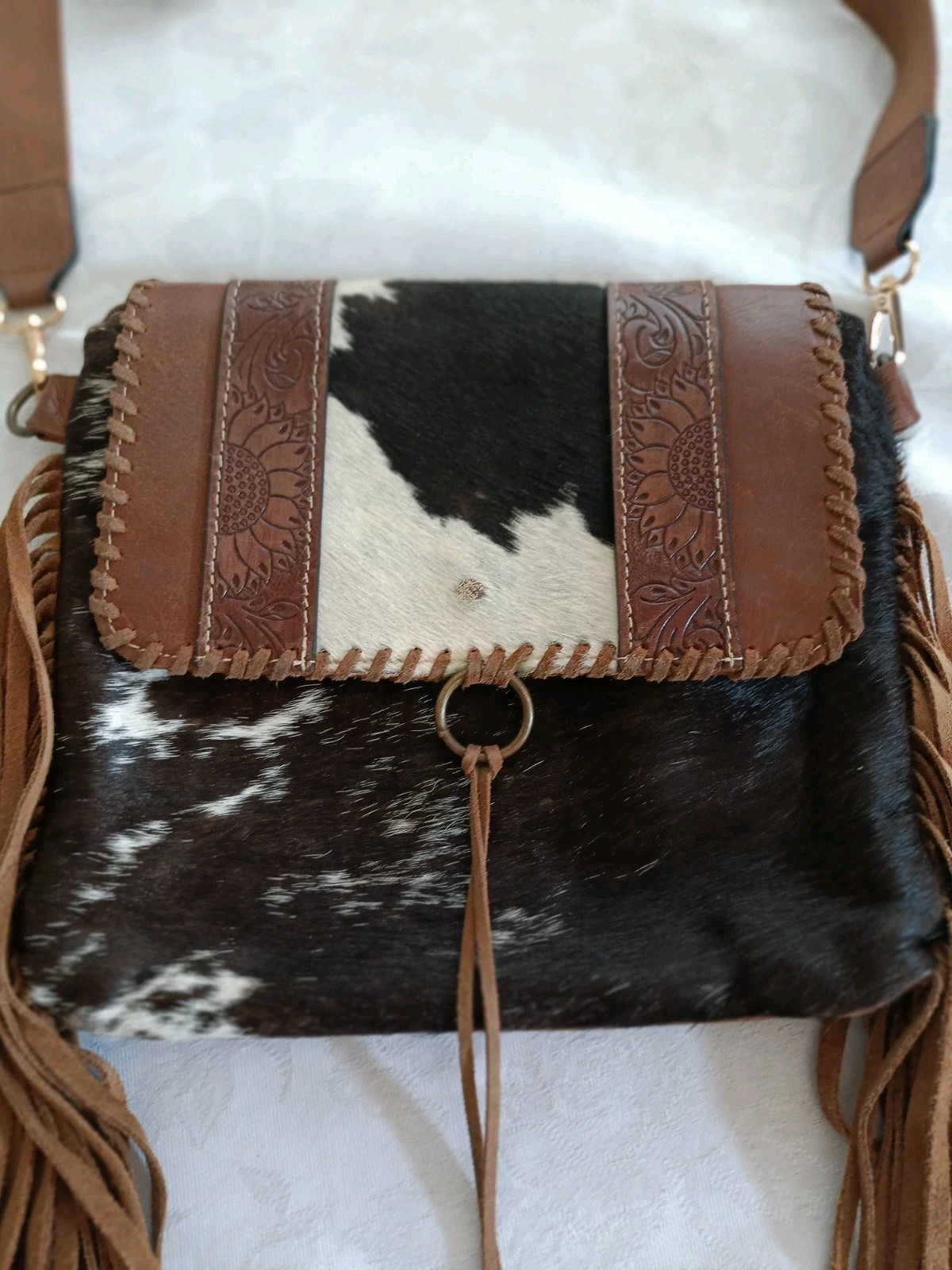 Myra Bag Cowhide & Hand Tooled Leather Crossbody Western Fringe Adjustable Strap