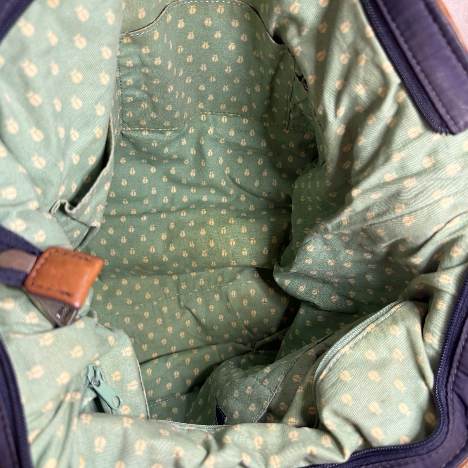 Fossil Key-Per Women’s Navy Tote Bag Purse Leather Cream Straps Quilted Fabric